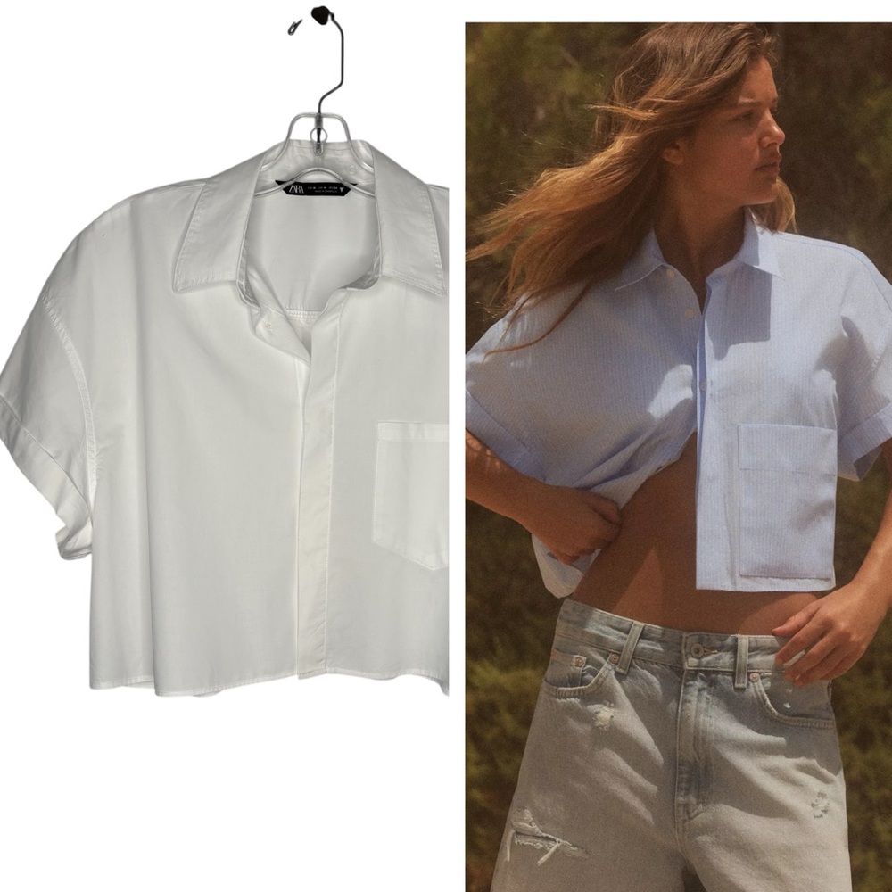 Zara White cotton boxy Crop button shirt with collar Medium